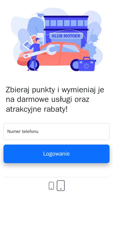 Ekran logowania do Klubu MOTOER: wejście do aplikacji z numerem telefonu