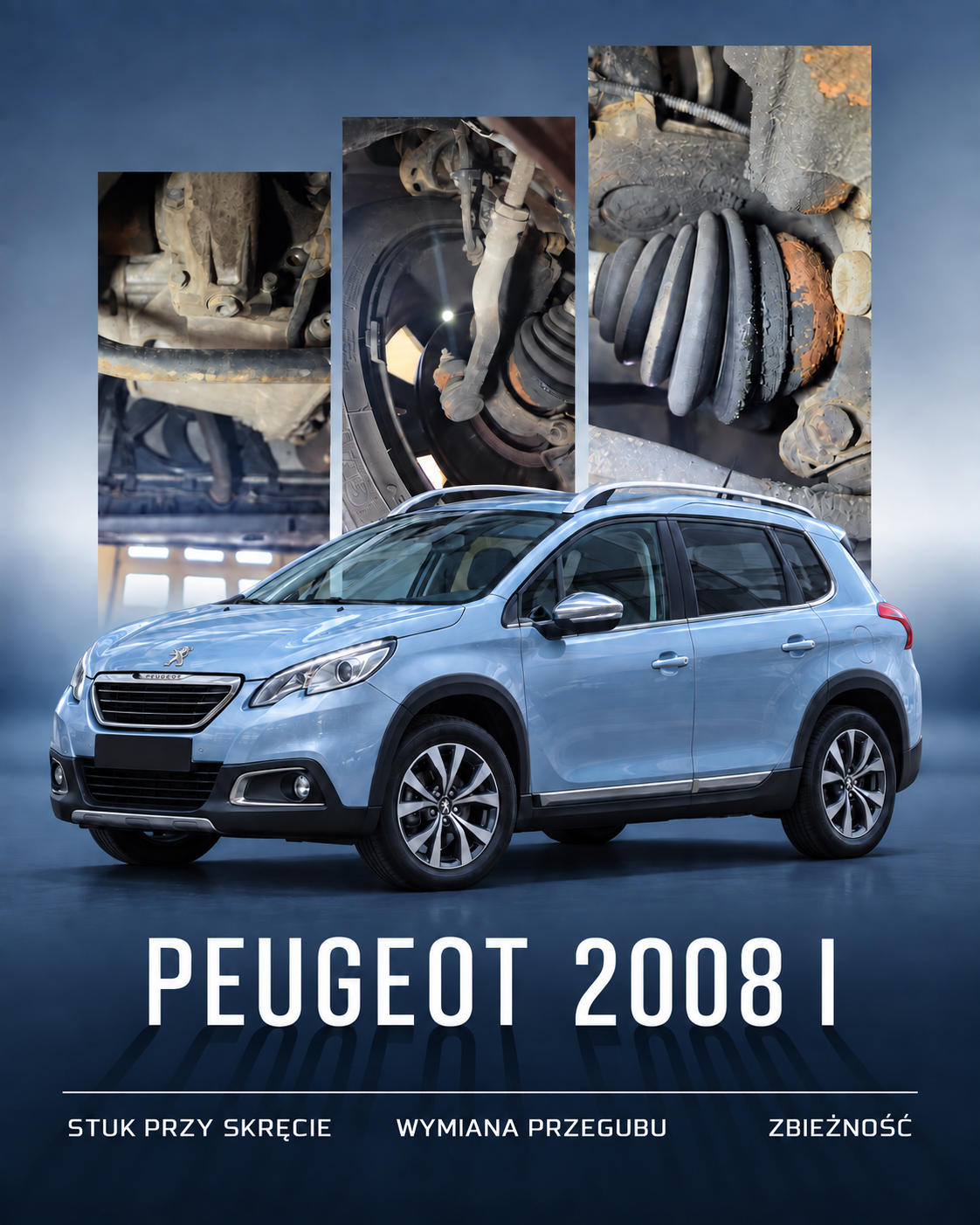 Peugeot 2008 I — okładka fotorelacji o wymianie przegubu i ustawieniu zbieżności, z wizualizacją modelu samochodu